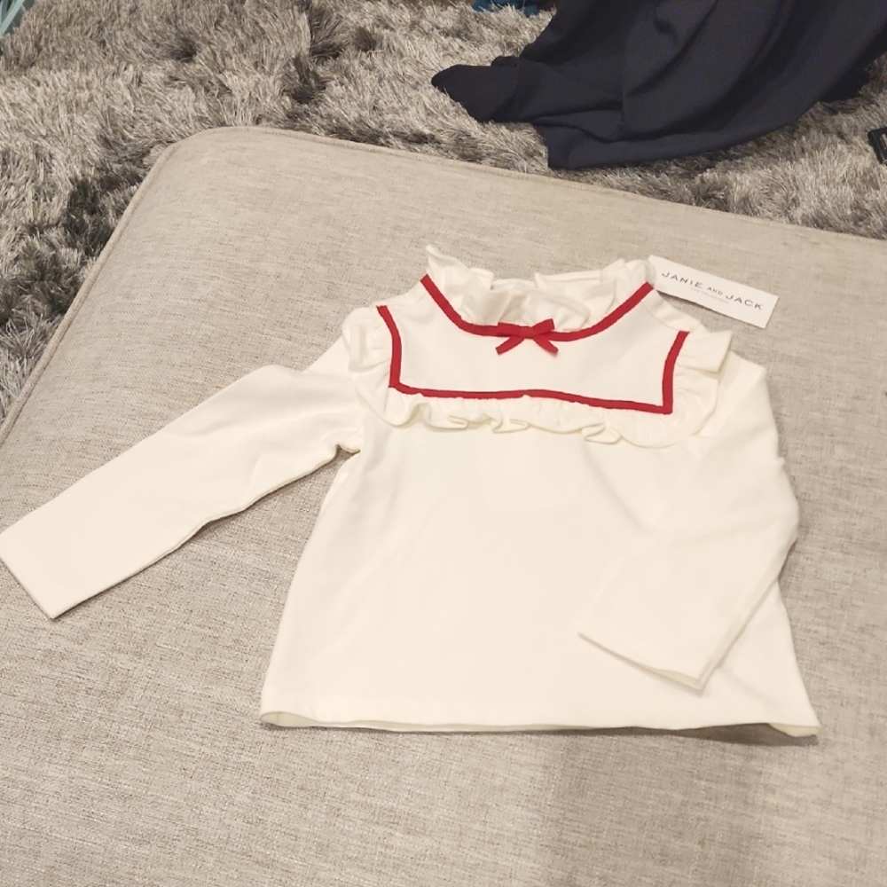 Janie and Jack Ruffle Ribbon Jersey Top In Cream And Sugar